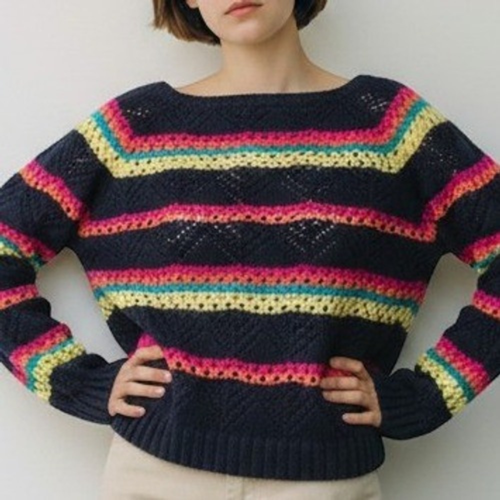 Heart N Crush Women XL Rainbow Striped Open Knit Sweater Navy Blue Pointelle